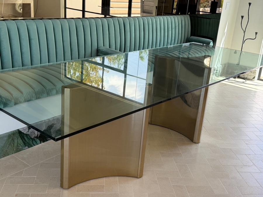 Contemporary Bernhardt Interiors Abbott Polished Brass And Smoked Glass Dining Table With Custom Architectural Plate-Glass Top 44'W x 120'L x 30'H Retail $12,500 [Photo 4]