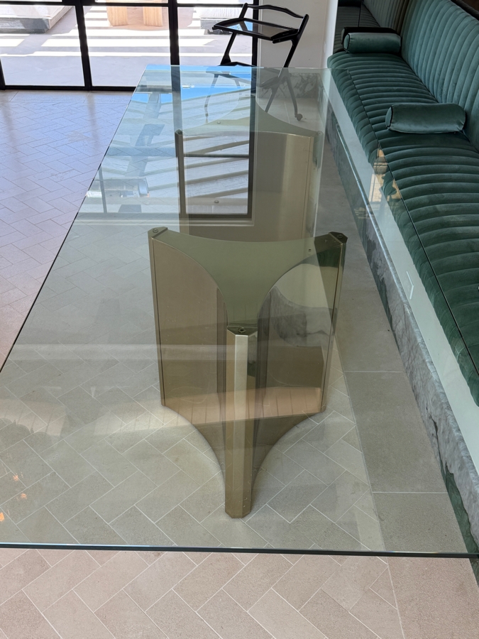 Contemporary Bernhardt Interiors Abbott Polished Brass And Smoked Glass Dining Table With Custom Architectural Plate-Glass Top 44'W x 120'L x 30'H Retail $12,500 [Photo 7]