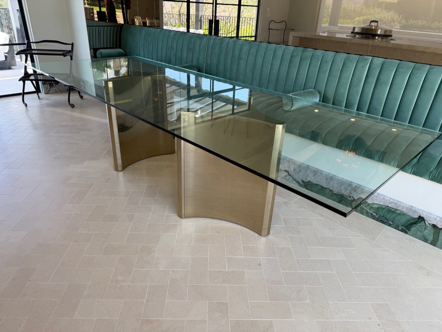 Contemporary Bernhardt Interiors Abbott Polished Brass And Smoked Glass Dining Table With Custom Architectural Plate-Glass Top 44'W x 120'L x 30'H Retail $12,500 [Photo 2]