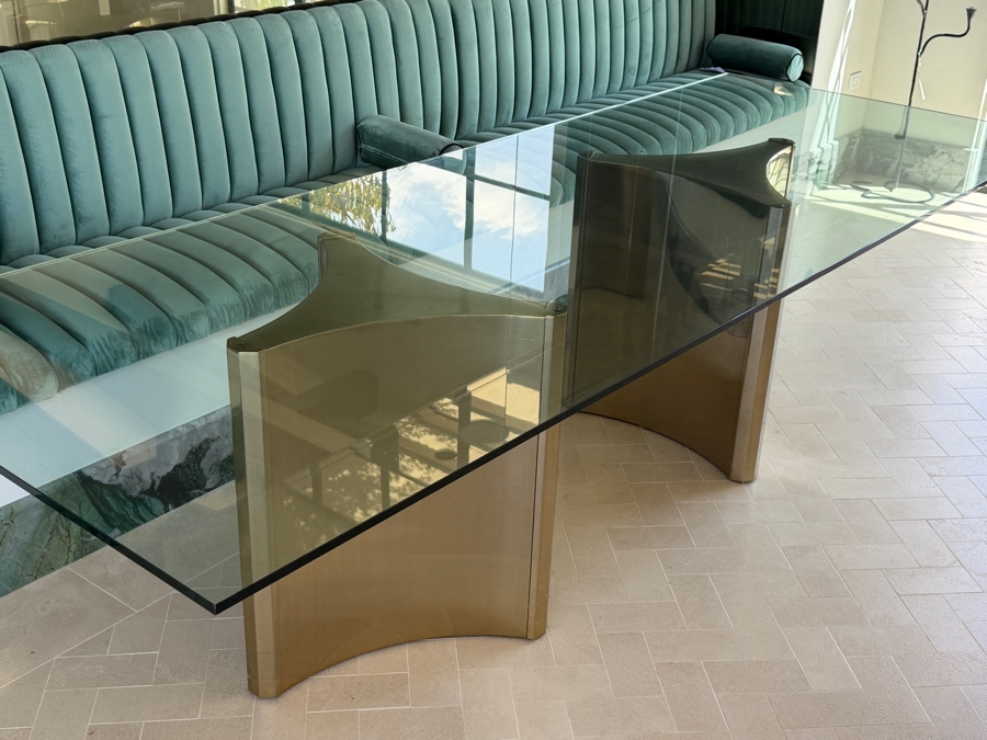 Contemporary Bernhardt Interiors Abbott Polished Brass And Smoked Glass Dining Table With Custom Architectural Plate-Glass Top 44'W x 120'L x 30'H Retail $12,500 [Photo 5]