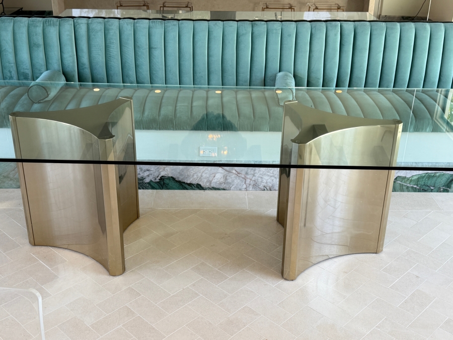 Contemporary Bernhardt Interiors Abbott Polished Brass And Smoked Glass Dining Table With Custom Architectural Plate-Glass Top 44'W x 120'L x 30'H Retail $12,500