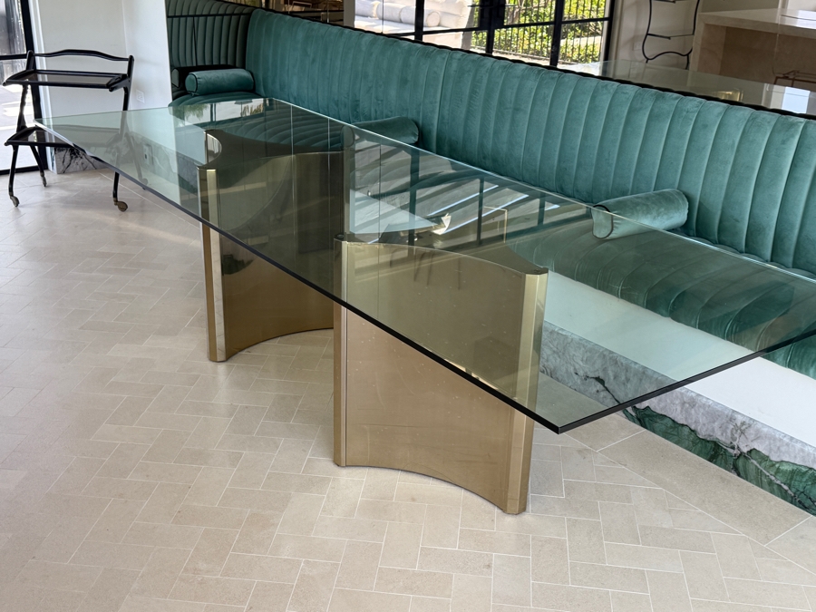 Contemporary Bernhardt Interiors Abbott Polished Brass And Smoked Glass Dining Table With Custom Architectural Plate-Glass Top 44'W x 120'L x 30'H Retail $12,500 [Photo 10]