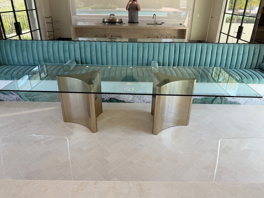 Contemporary Bernhardt Interiors Abbott Polished Brass And Smoked Glass Dining Table With Custom Architectural Plate-Glass Top 44'W x 120'L x 30'H Retail $12,500 [Photo 3]