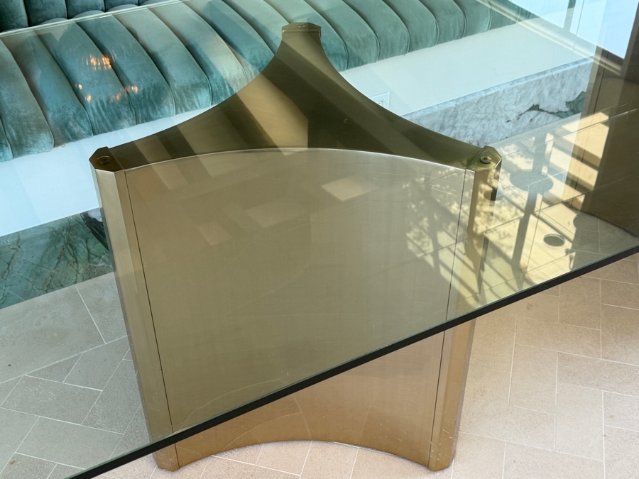 Contemporary Bernhardt Interiors Abbott Polished Brass And Smoked Glass Dining Table With Custom Architectural Plate-Glass Top 44'W x 120'L x 30'H Retail $12,500 [Photo 6]