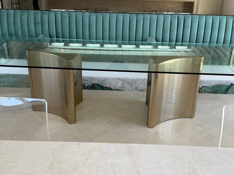 Contemporary Bernhardt Interiors Abbott Polished Brass And Smoked Glass Dining Table With Custom Architectural Plate-Glass Top 44'W x 120'L x 30'H Retail $12,500 [Photo 11]