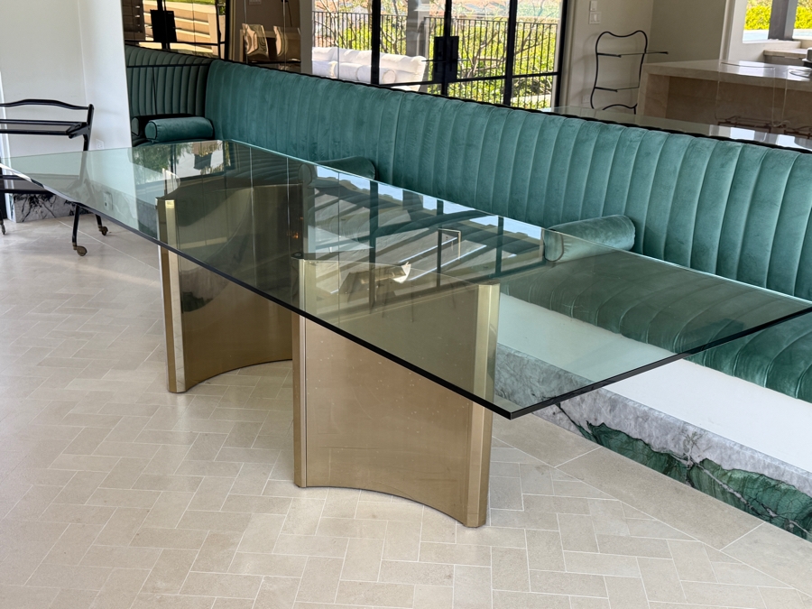 Contemporary Bernhardt Interiors Abbott Polished Brass And Smoked Glass Dining Table With Custom Architectural Plate-Glass Top 44'W x 120'L x 30'H Retail $12,500 [Photo 9]