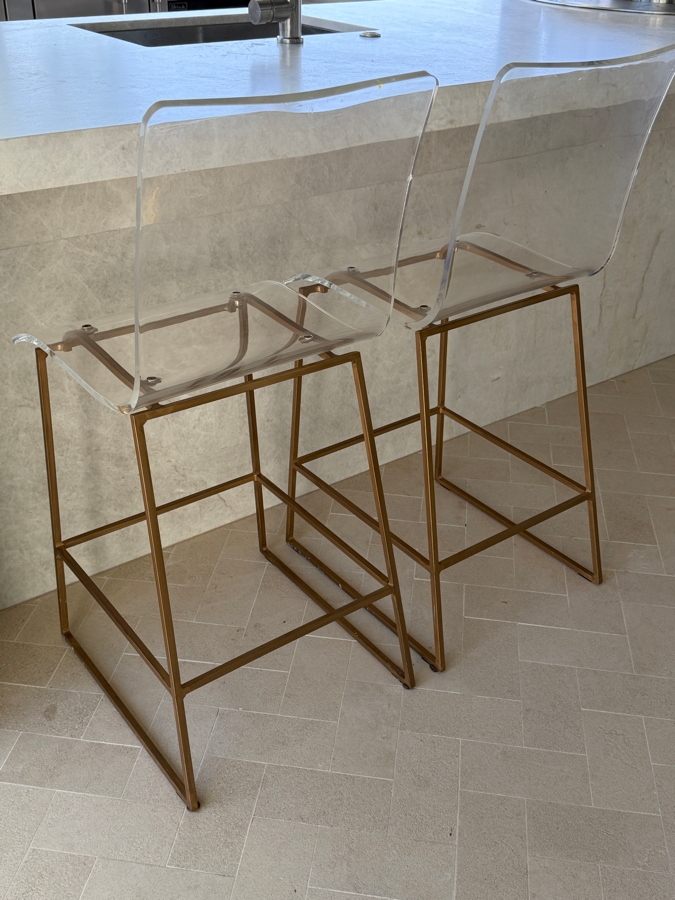 Pair Of Gabby King Modern Molded Clear Acrylic And Antique Gold Counter Stools Retail $1,200/Pair [Photo 7]