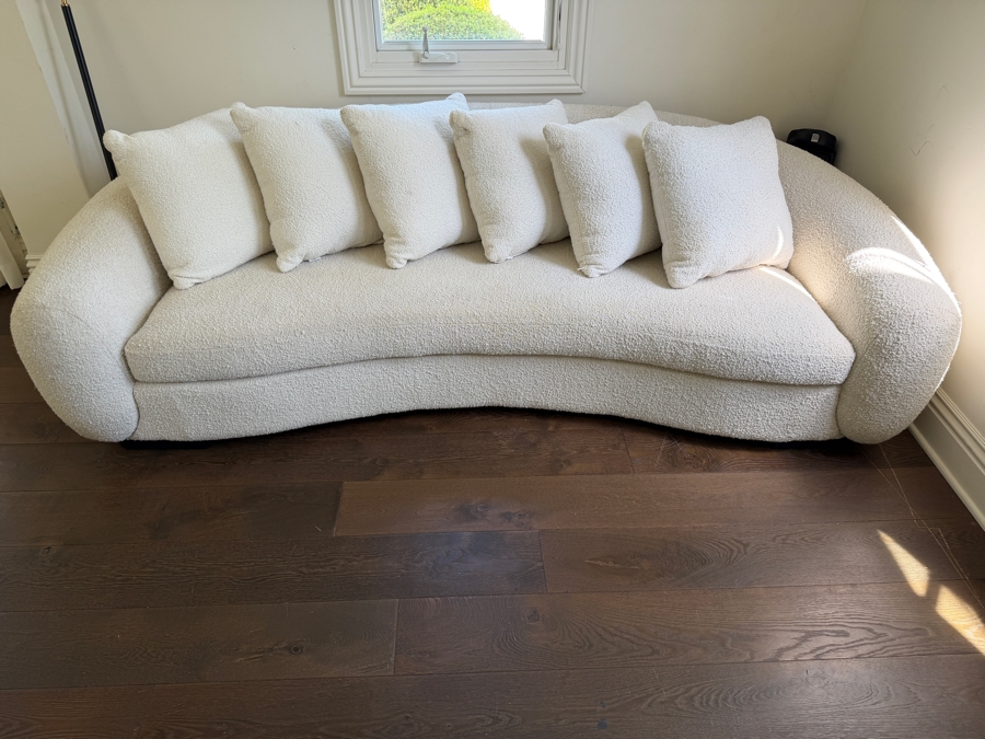 CB2 White Performance Boucle 93-Inch Curved Outdoor Sofa With Five Throw Pillows 93W X 40D X 24H [Photo 2]