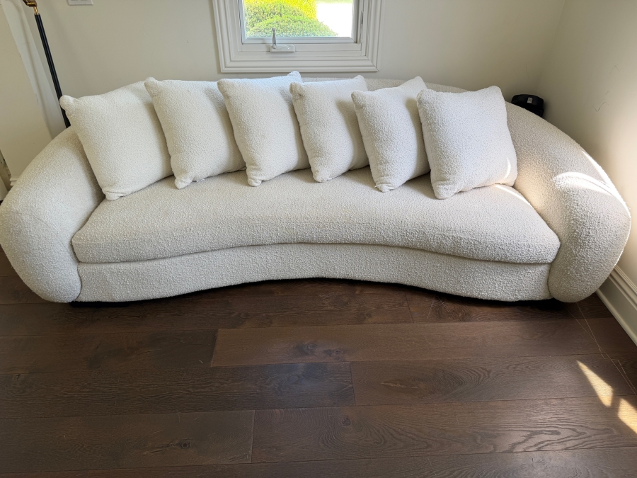 CB2 White Performance Boucle 93-Inch Curved Outdoor Sofa With Five Throw Pillows 93W X 40D X 24H