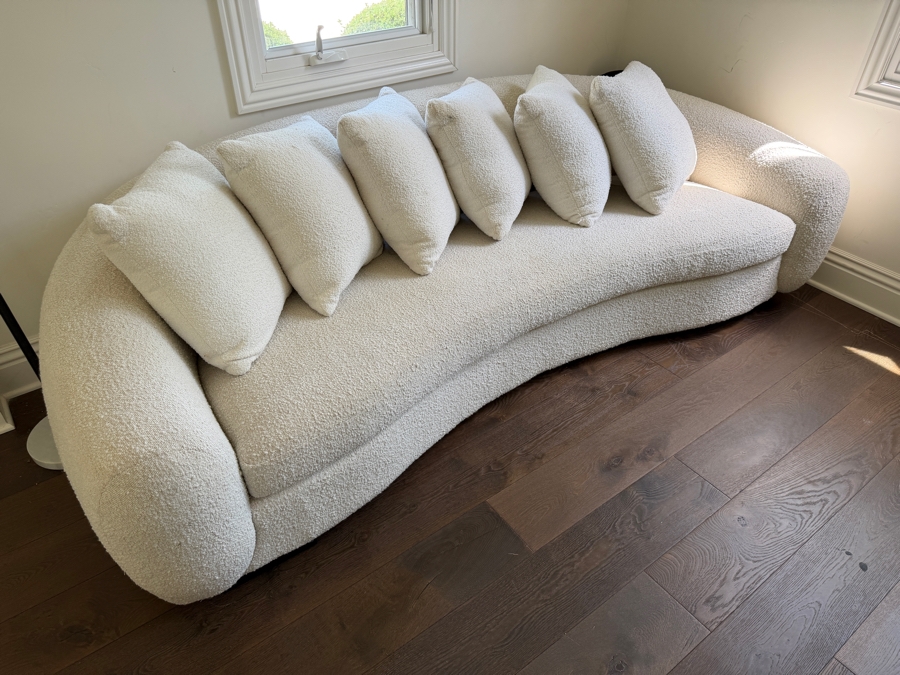 CB2 White Performance Boucle 93-Inch Curved Outdoor Sofa With Five Throw Pillows 93W X 40D X 24H [Photo 4]