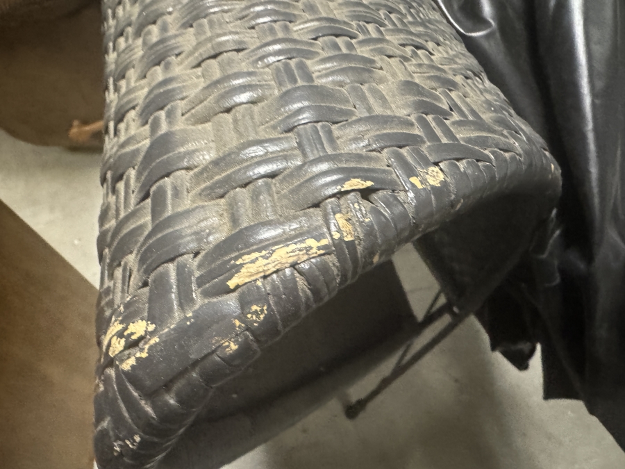 Pair Of Vintage Butterfly Rattan Lounge Chairs With Wrought Iron Tripod Frames - See Photos For Condition 31W X 36D X 42H [Photo 9]