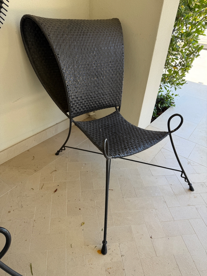 Pair Of Vintage Butterfly Rattan Lounge Chairs With Wrought Iron Tripod Frames - See Photos For Condition 31W X 36D X 42H [Photo 7]