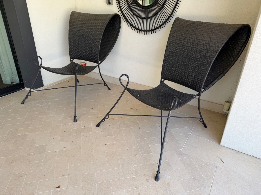 Pair Of Vintage Butterfly Rattan Lounge Chairs With Wrought Iron Tripod Frames - See Photos For Condition 31W X 36D X 42H