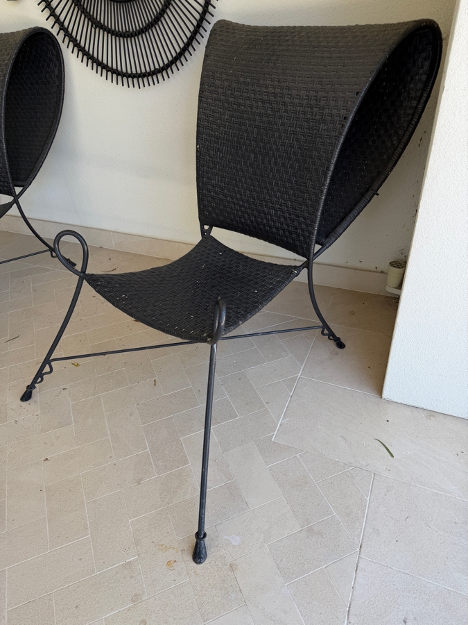 Pair Of Vintage Butterfly Rattan Lounge Chairs With Wrought Iron Tripod Frames - See Photos For Condition 31W X 36D X 42H [Photo 3]