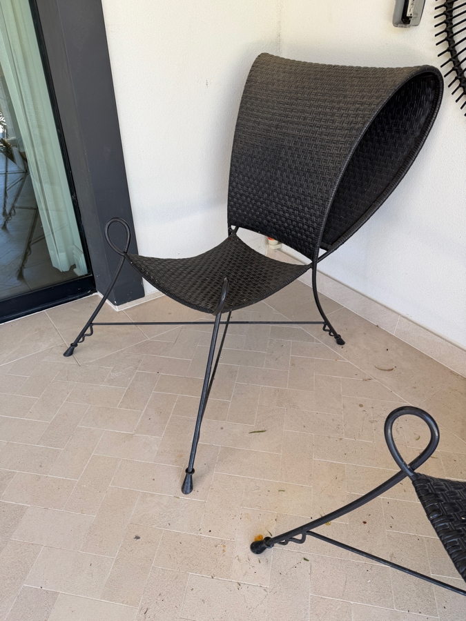 Pair Of Vintage Butterfly Rattan Lounge Chairs With Wrought Iron Tripod Frames - See Photos For Condition 31W X 36D X 42H [Photo 4]
