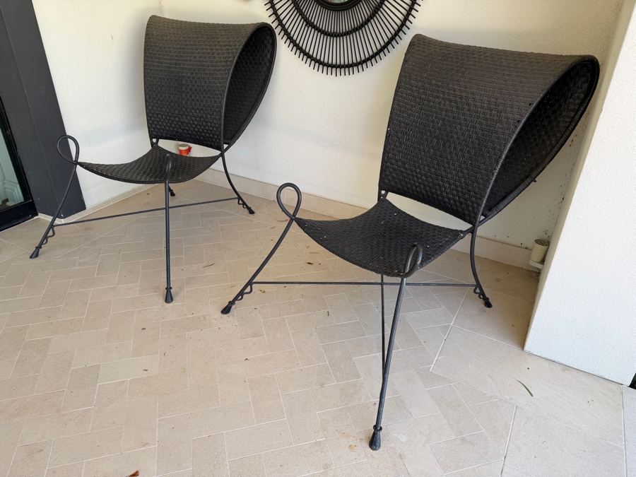 Pair Of Vintage Butterfly Rattan Lounge Chairs With Wrought Iron Tripod Frames - See Photos For Condition 31W X 36D X 42H [Photo 2]