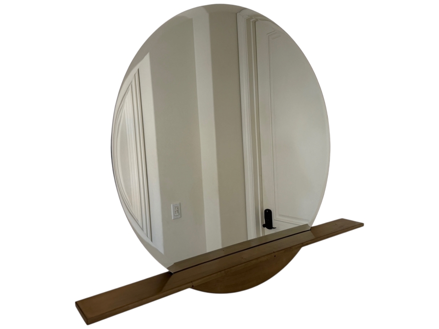 CB2 Perch Round Mirror With Integrated Brass Floating Shelf 36'W Retail $349