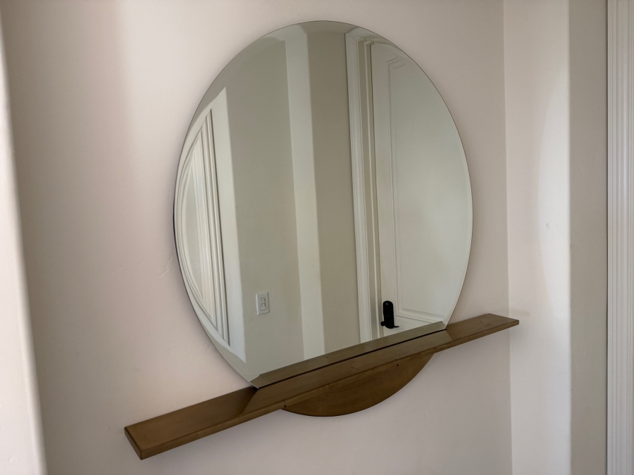 CB2 Perch Round Mirror With Integrated Brass Floating Shelf 36'W Retail $349 [Photo 2]