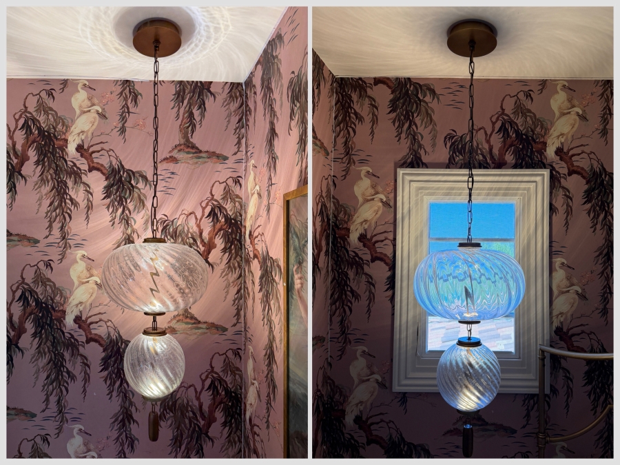 Pair Of CB2 Modern Hand-Blown Swirl Glass Two-Tier Integrated LED Statement Pendant Lights 15W X Up To 60H