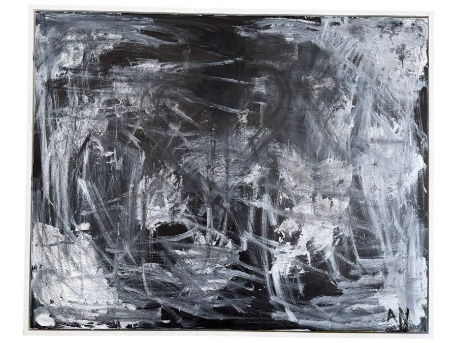 Abstract Original B&W Artwork on Canvas Signed AN? 52W X 41H