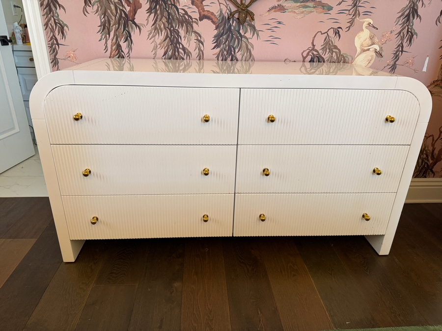 Worlds Away Valentina White Lacquer Waterfall Edge Chest Dresser 60W X 20D X 34H Retails $4,375 [Photo 3]