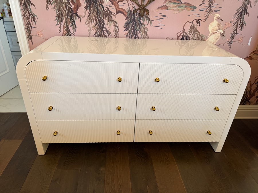 Worlds Away Valentina White Lacquer Waterfall Edge Chest Dresser 60W X 20D X 34H Retails $4,375 [Photo 4]