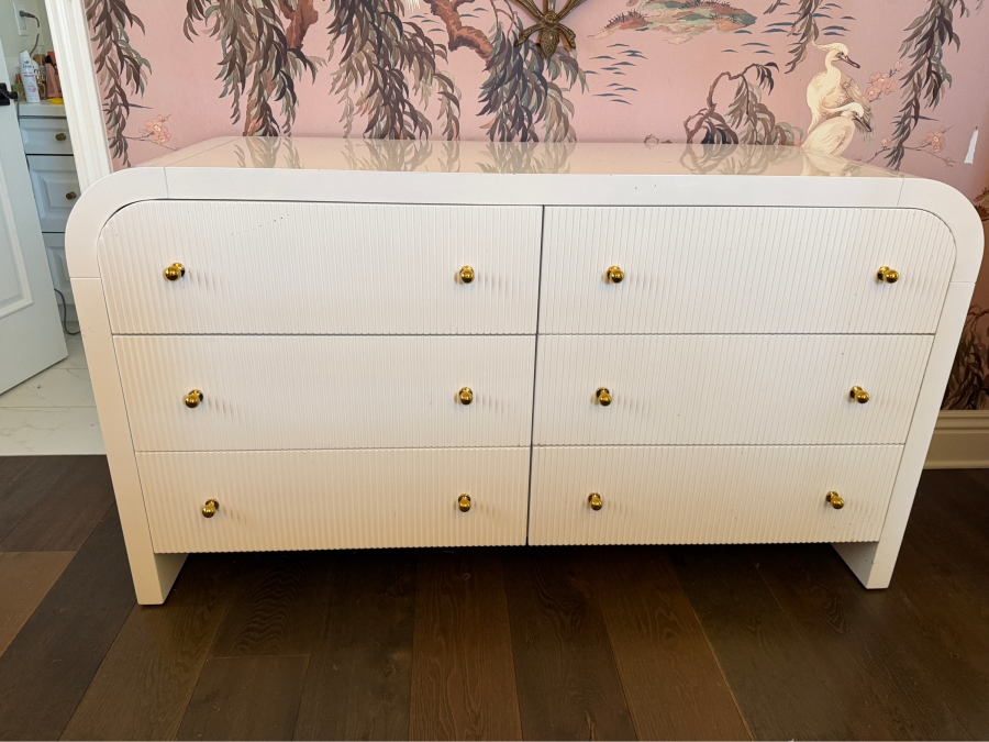 Worlds Away Valentina White Lacquer Waterfall Edge Chest Dresser 60W X 20D X 34H Retails $4,375 [Photo 2]