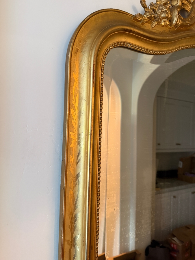 Antique French Louis Philippe Mirror (c. 1860) With Giltwood Frame and Ornate Rococo Top Crest (Crest Has Some Damage) and Authentic 'PF' Workshop Stamp on Hand-Sawn Wood Back - True Period Statement Piece 43 X 70 Estimate $3,200 - $4,900 [Photo 8]