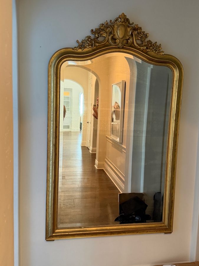 Antique French Louis Philippe Mirror (c. 1860) With Giltwood Frame and Ornate Rococo Top Crest (Crest Has Some Damage) and Authentic 'PF' Workshop Stamp on Hand-Sawn Wood Back - True Period Statement Piece 43 X 70 Estimate $3,200 - $4,900 [Photo 3]