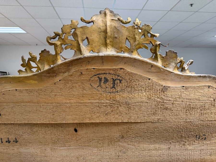 Antique French Louis Philippe Mirror (c. 1860) With Giltwood Frame and Ornate Rococo Top Crest (Crest Has Some Damage) and Authentic 'PF' Workshop Stamp on Hand-Sawn Wood Back - True Period Statement Piece 43 X 70 Estimate $3,200 - $4,900 [Photo 14]