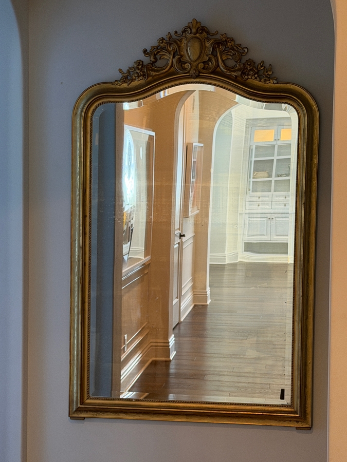 Antique French Louis Philippe Mirror (c. 1860) With Giltwood Frame and Ornate Rococo Top Crest (Crest Has Some Damage) and Authentic 'PF' Workshop Stamp on Hand-Sawn Wood Back - True Period Statement Piece 43 X 70 Estimate $3,200 - $4,900 [Photo 4]