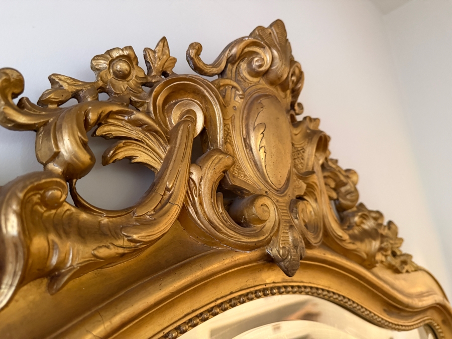 Antique French Louis Philippe Mirror (c. 1860) With Giltwood Frame and Ornate Rococo Top Crest (Crest Has Some Damage) and Authentic 'PF' Workshop Stamp on Hand-Sawn Wood Back - True Period Statement Piece 43 X 70 Estimate $3,200 - $4,900 [Photo 9]