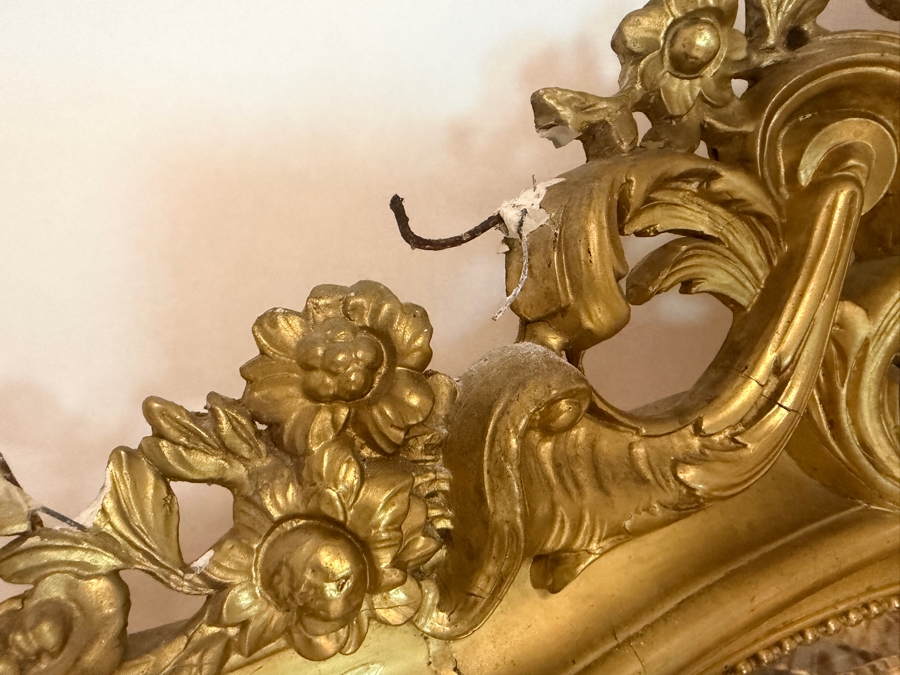 Antique French Louis Philippe Mirror (c. 1860) With Giltwood Frame and Ornate Rococo Top Crest (Crest Has Some Damage) and Authentic 'PF' Workshop Stamp on Hand-Sawn Wood Back - True Period Statement Piece 43 X 70 Estimate $3,200 - $4,900 [Photo 17]