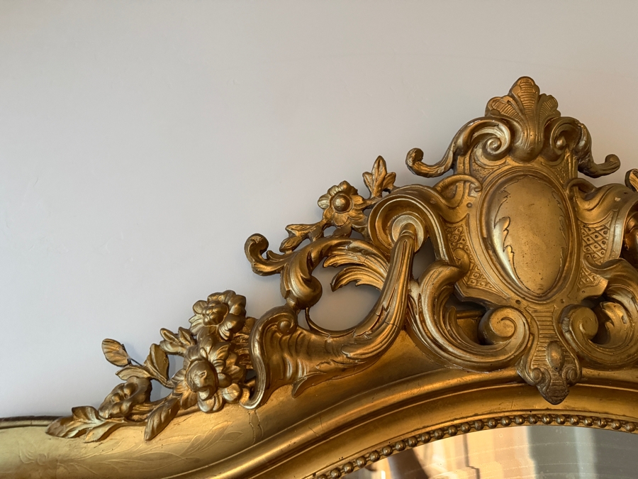 Antique French Louis Philippe Mirror (c. 1860) With Giltwood Frame and Ornate Rococo Top Crest (Crest Has Some Damage) and Authentic 'PF' Workshop Stamp on Hand-Sawn Wood Back - True Period Statement Piece 43 X 70 Estimate $3,200 - $4,900 [Photo 7]