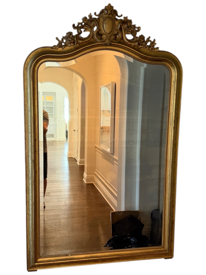 Antique French Louis Philippe Mirror (c. 1860) With Giltwood Frame and Ornate Rococo Top Crest (Crest Has Some Damage) and Authentic 'PF' Workshop Stamp on Hand-Sawn Wood Back - True Period Statement Piece 43 X 70 Estimate $3,200 - $4,900