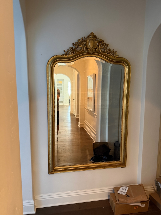 Antique French Louis Philippe Mirror (c. 1860) With Giltwood Frame and Ornate Rococo Top Crest (Crest Has Some Damage) and Authentic 'PF' Workshop Stamp on Hand-Sawn Wood Back - True Period Statement Piece 43 X 70 Estimate $3,200 - $4,900 [Photo 2]