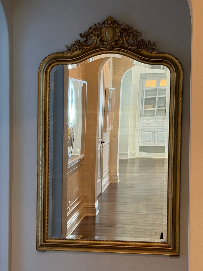 Antique French Louis Philippe Mirror (c. 1860) With Giltwood Frame and Ornate Rococo Top Crest (Crest Has Some Damage) and Authentic 'PF' Workshop Stamp on Hand-Sawn Wood Back - True Period Statement Piece 43 X 70 Estimate $3,200 - $4,900 [Photo 5]