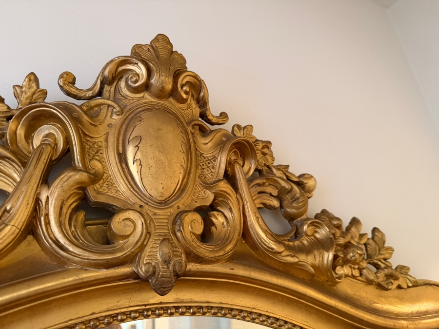 Antique French Louis Philippe Mirror (c. 1860) With Giltwood Frame and Ornate Rococo Top Crest (Crest Has Some Damage) and Authentic 'PF' Workshop Stamp on Hand-Sawn Wood Back - True Period Statement Piece 43 X 70 Estimate $3,200 - $4,900 [Photo 10]