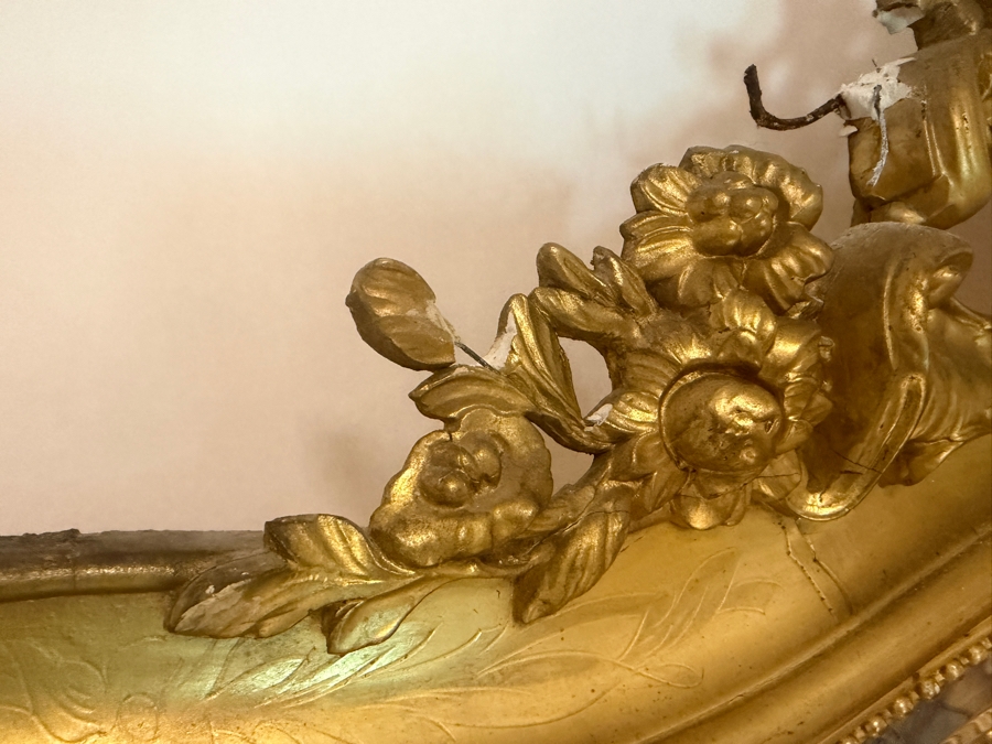 Antique French Louis Philippe Mirror (c. 1860) With Giltwood Frame and Ornate Rococo Top Crest (Crest Has Some Damage) and Authentic 'PF' Workshop Stamp on Hand-Sawn Wood Back - True Period Statement Piece 43 X 70 Estimate $3,200 - $4,900 [Photo 18]