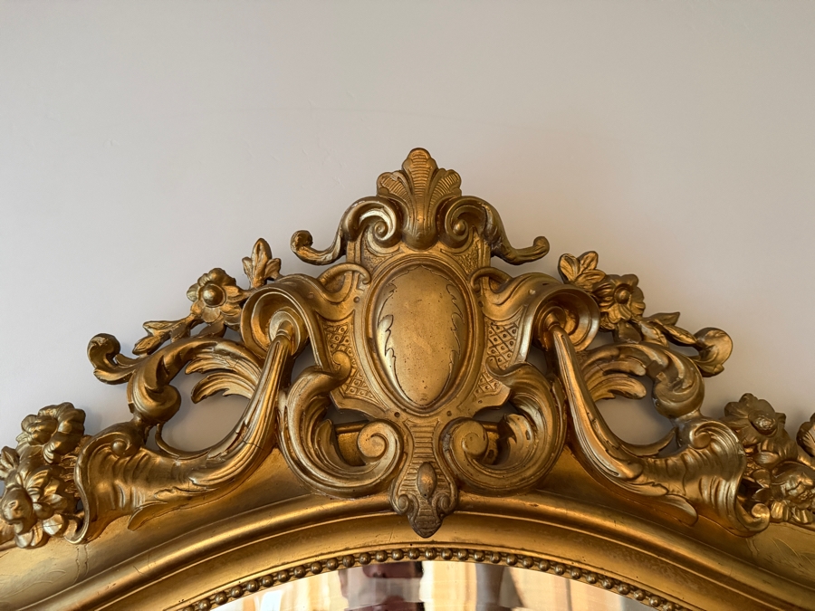 Antique French Louis Philippe Mirror (c. 1860) With Giltwood Frame and Ornate Rococo Top Crest (Crest Has Some Damage) and Authentic 'PF' Workshop Stamp on Hand-Sawn Wood Back - True Period Statement Piece 43 X 70 Estimate $3,200 - $4,900 [Photo 6]