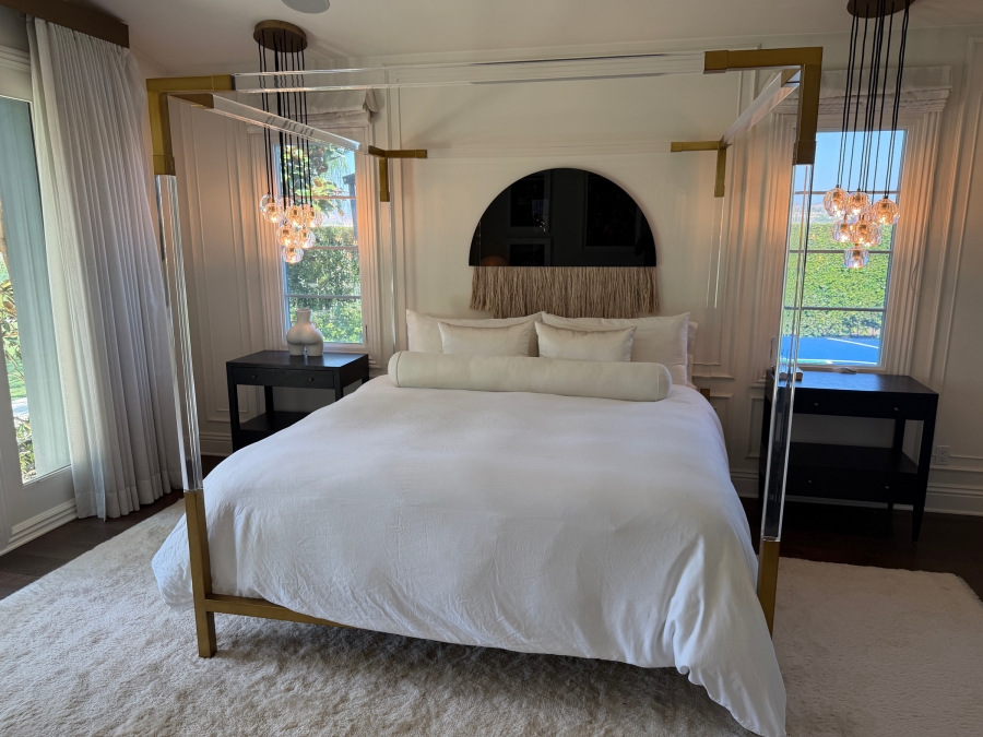 Oscarine Lucite Four-Poster Standard King Bed from Anthropologie 81'W X 85'D X 83'H Retails $2,500 (Top Of Lucite Posters Have Hidden Fractures Beneath Brass Corners - Both Hidden And Functional)