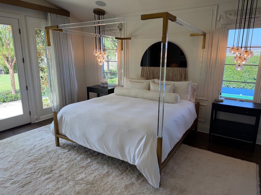 Oscarine Lucite Four-Poster Standard King Bed from Anthropologie 81'W X 85'D X 83'H Retails $2,500 (Top Of Lucite Posters Have Hidden Fractures Beneath Brass Corners - Both Hidden And Functional) [Photo 3]