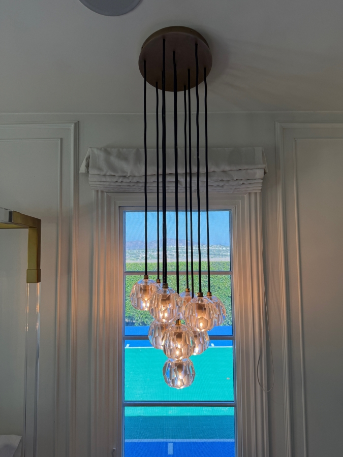 Pair of Boule De Cristal Clear Glass Round Cluster Chandeliers by Restoration Hardware 14'W X 53'H Retails $7,400