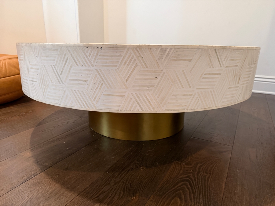 Exquisite Handmade Round White Bone Inlay Coffee Table with Brass Base 45'W X 17'H Retails $3,099 [Photo 4]