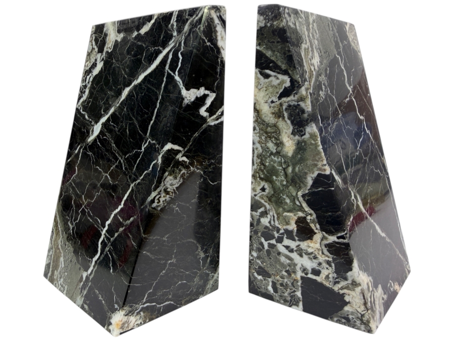 Polished Black & White Marble Geometric Bookends by Bey-Berk International 5.25'W X 6'H