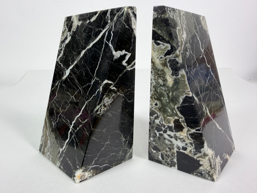 Polished Black & White Marble Geometric Bookends by Bey-Berk International 5.25'W X 6'H [Photo 2]
