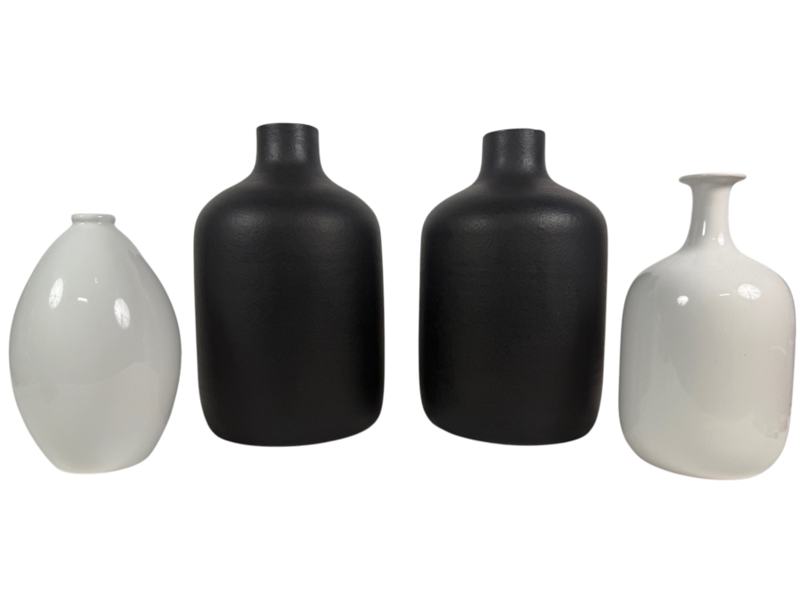 (2) Matte Black Bare Vases by Terrain 12'H Retails $76 and (2) White Ceramic Vase 7'H