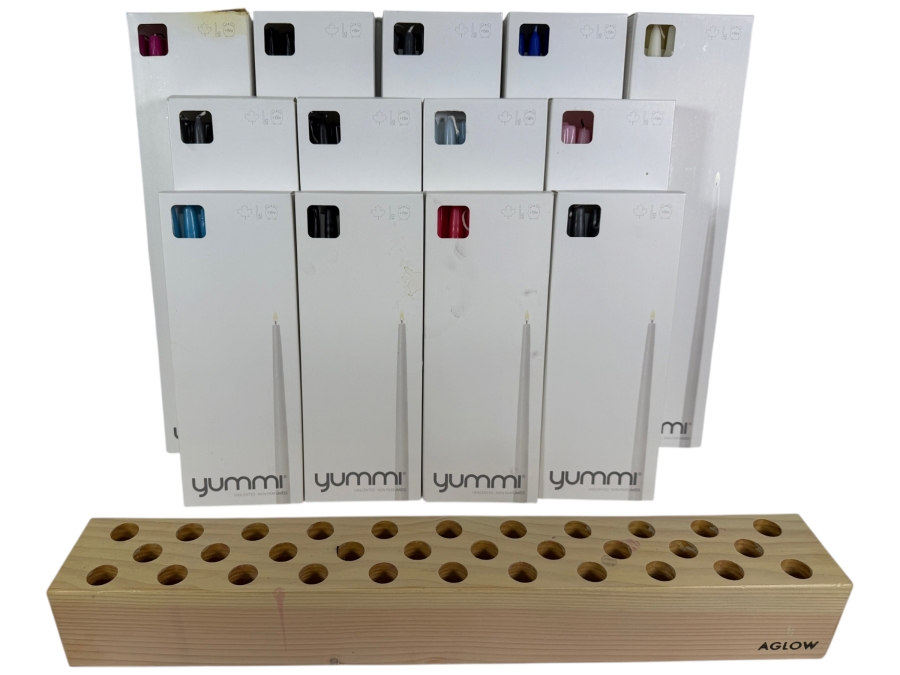 Wooden Aglow Candle Holder 24'W X 3'D X 3'H with Collection of Yummi Taper Candles in Various Colors and Sizes