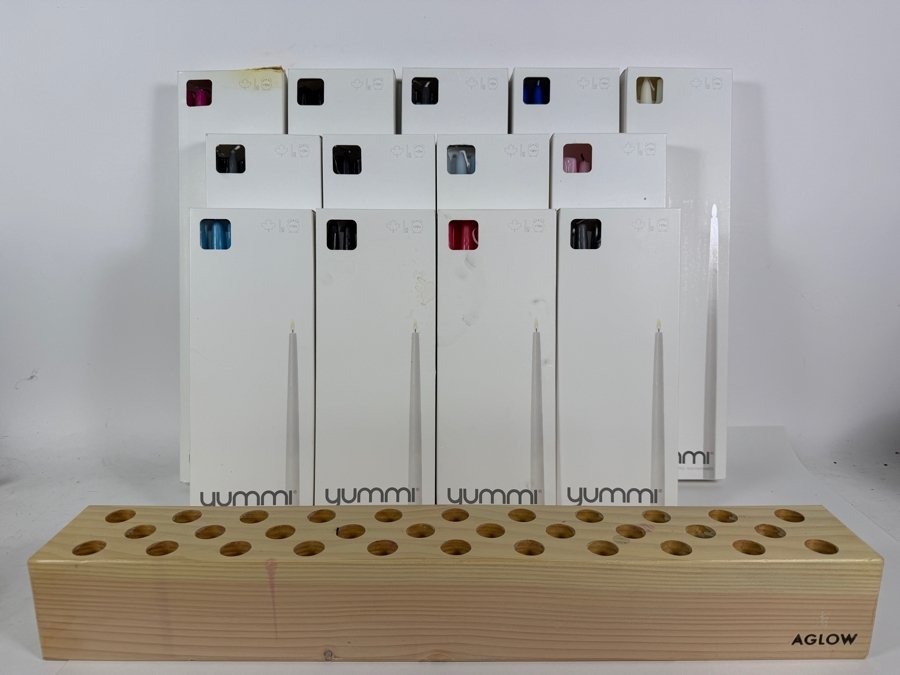 Wooden Aglow Candle Holder 24'W X 3'D X 3'H with Collection of Yummi Taper Candles in Various Colors and Sizes [Photo 2]