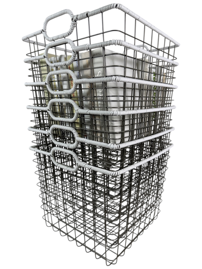 (6) Metal Wire Storage Baskets with Collection of Hardcover Books 14W X 13D X 11H